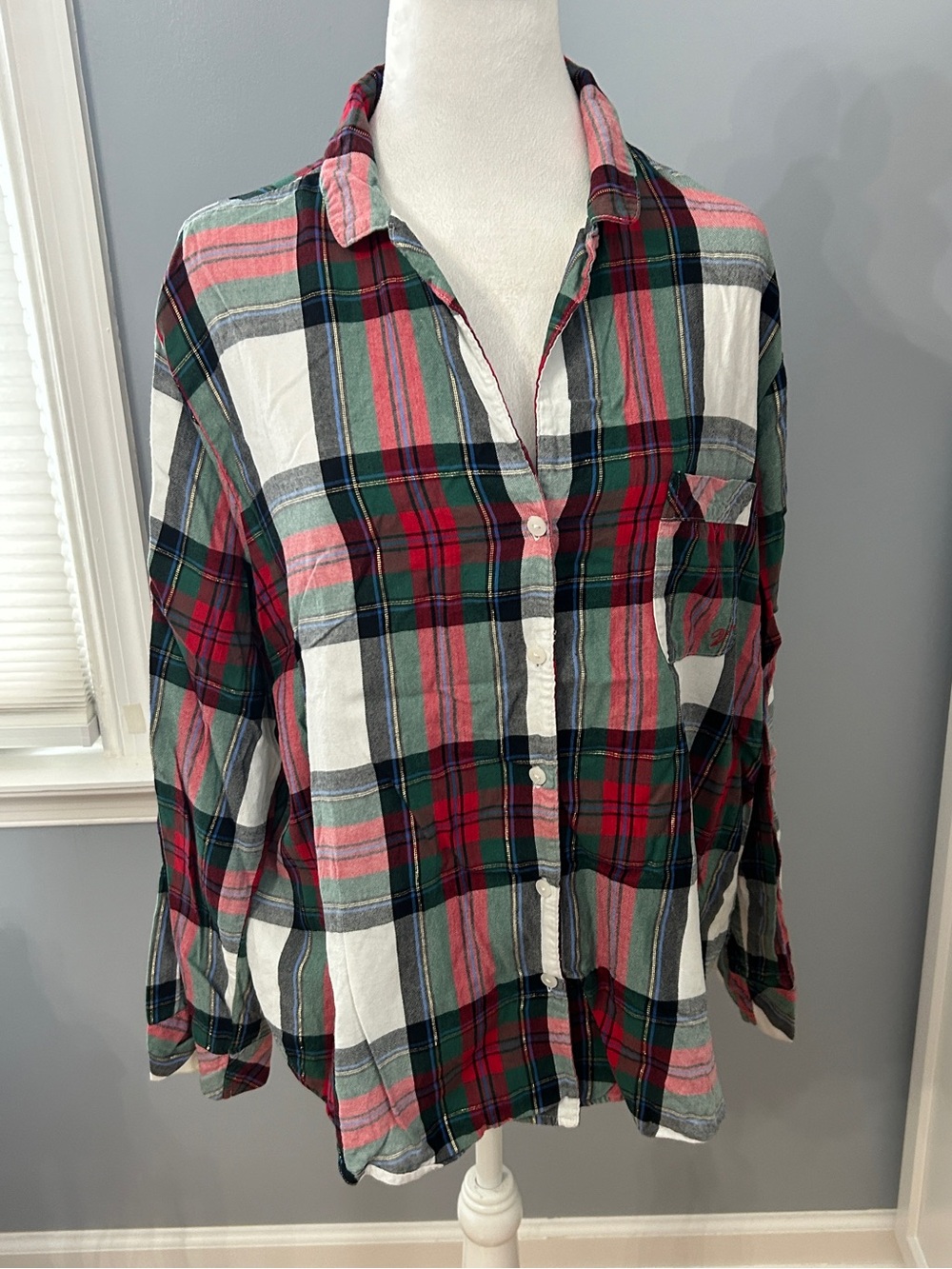 Victoria’s Secret Shimmer Flannel PJ Top Large Red Green Plaid Lurex